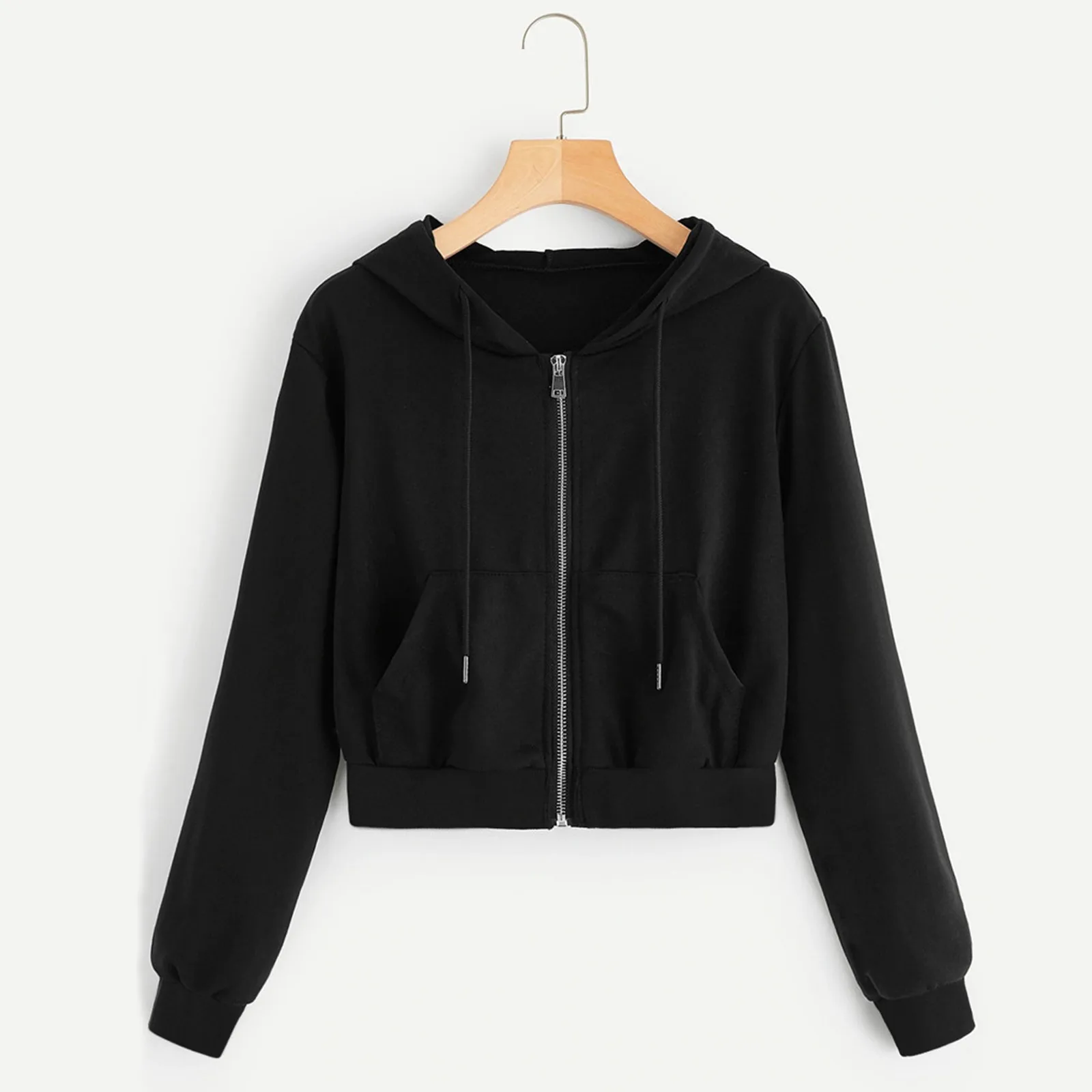 

Women Zip Up Crop Hoodie Y2k Solid Color Hooded Drawstring Short Sweatshirt Spring Autumn Loose Black White Sports Tracksuits