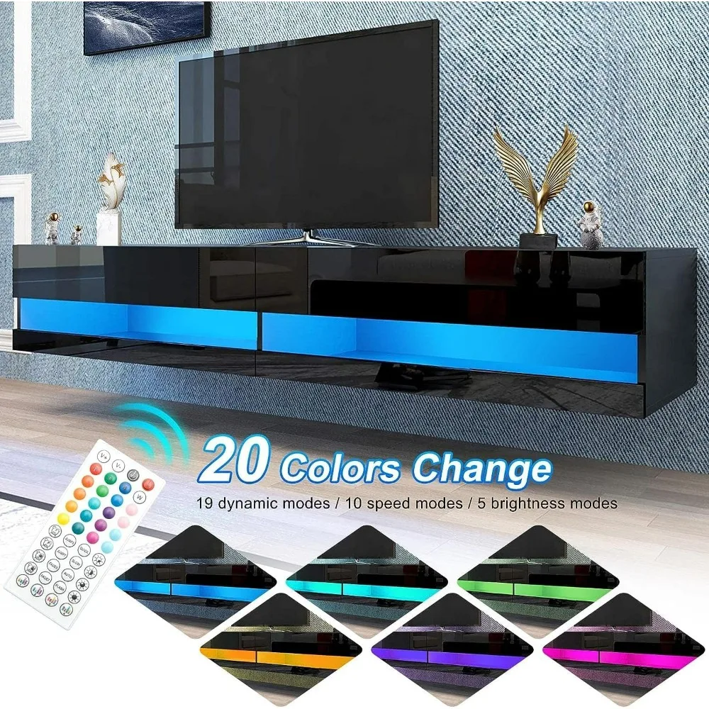 Floating TV Stand for TVs Up to 85 inch, 71'' Media Console with LED Lights and Power Outlets, Wall Mounted Hanging TV Shelf