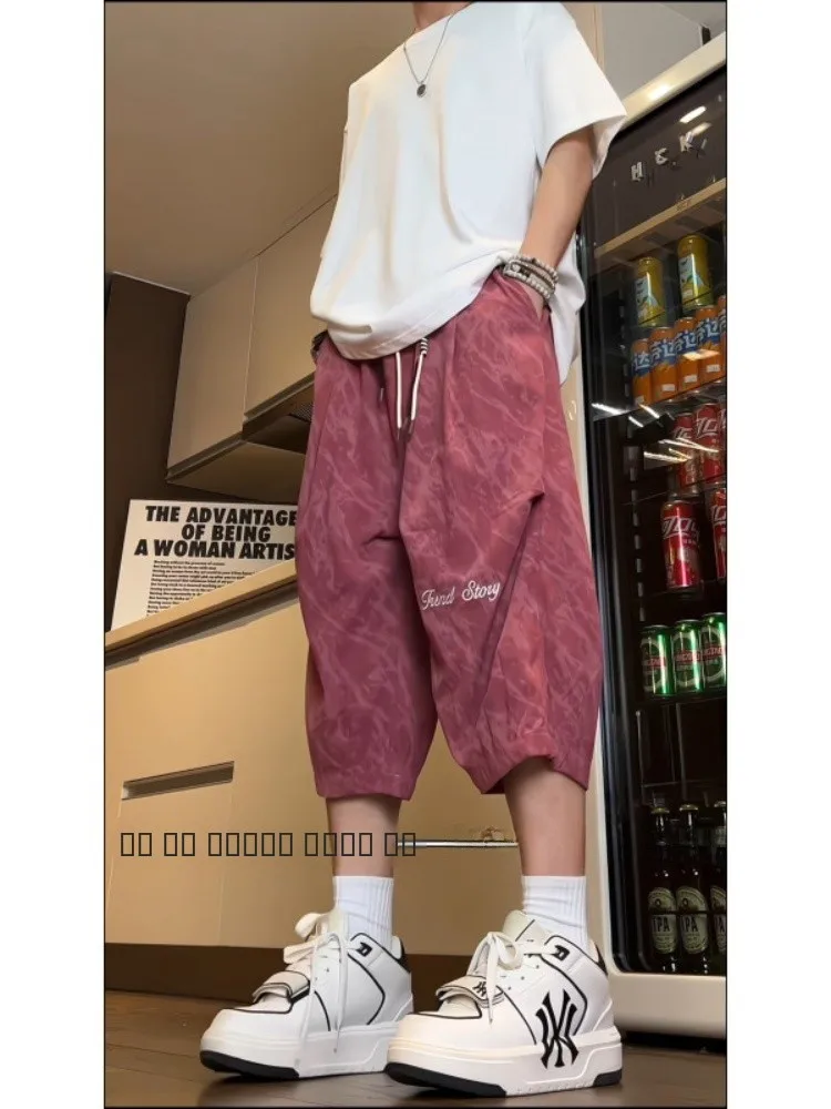 

Мужские летние тонкие повседневные свободные брюки прямого кроя в американском ретро-стиле с эффектом тай-дай, модные, дышащие, легкие, длиной 7/8