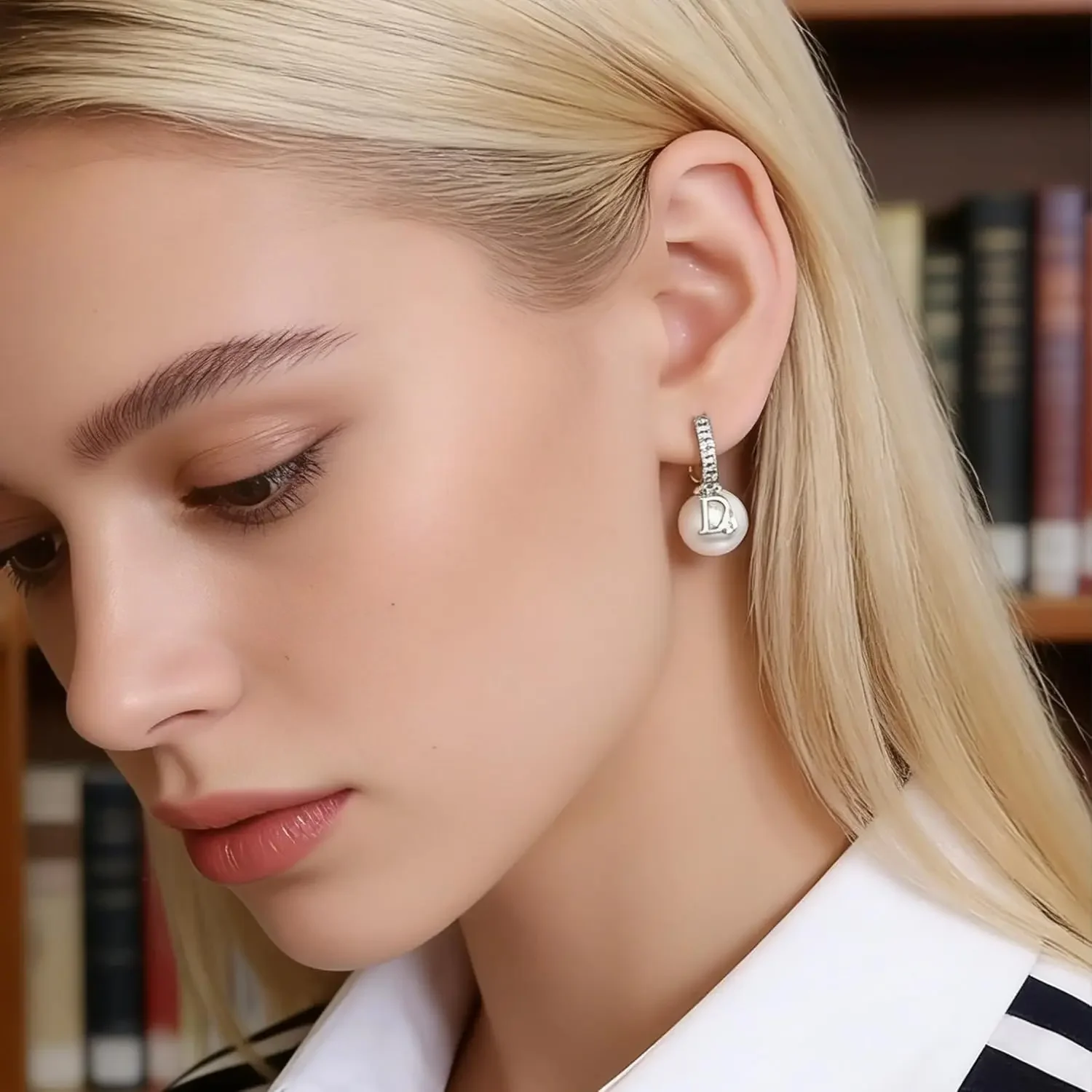 Silver Pearl Drop Earrings for Women - D-Shaped White Pearl Leverback Earrings, Dainty Dangling Earrings for Party, Date, Daily Commute & Leisure Vacation