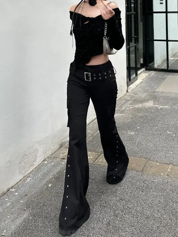 Retro Harajuku Cargo Punk Style Black Rivet Pants with Belt Women Y2k Streetwear Aesthetic Grunge Goth Low Waist Flared Trousers