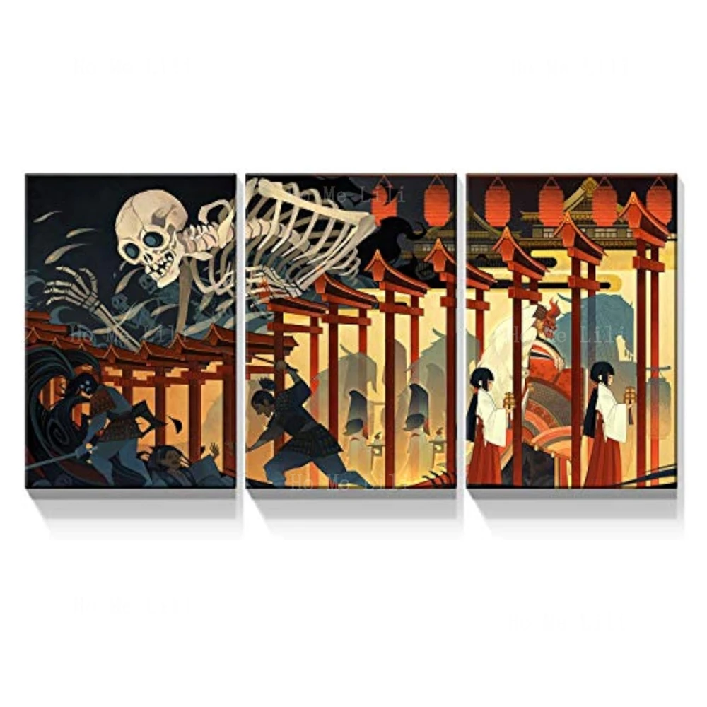 3 Pieces Canvas Wall Art Utagawa Kuniyotaki Yasha Witch And Skeleton Ghost Ukiyo-E Modern Home Wall Decoration