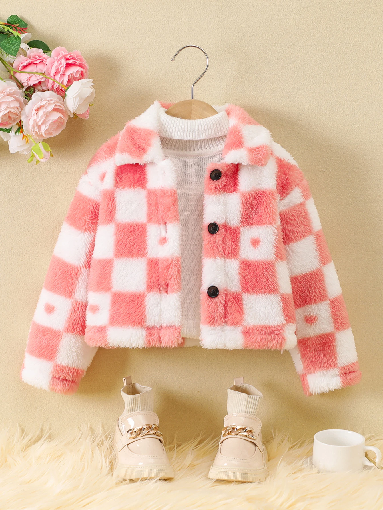 Girls\' autumn and winter warm and comfortable plush fabric fashion simple plaid printed lapel coat short jacket cardigan