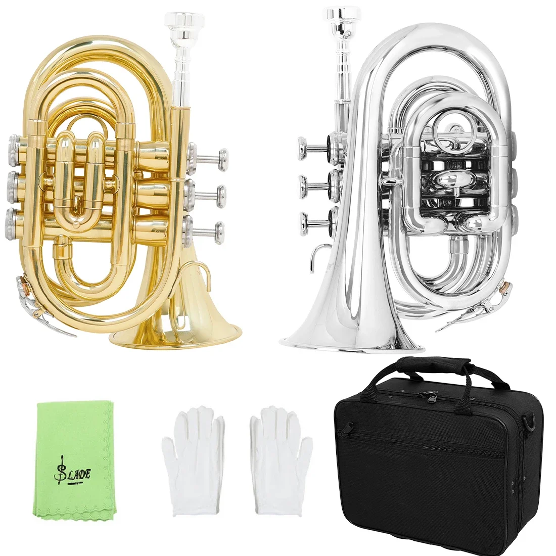 SLADE Mini Pocket Trumpet Bb Flat Brass Gold-Painted Exquisite Durable Musical Instrument with Mouthpiece Gloves Strap And Case