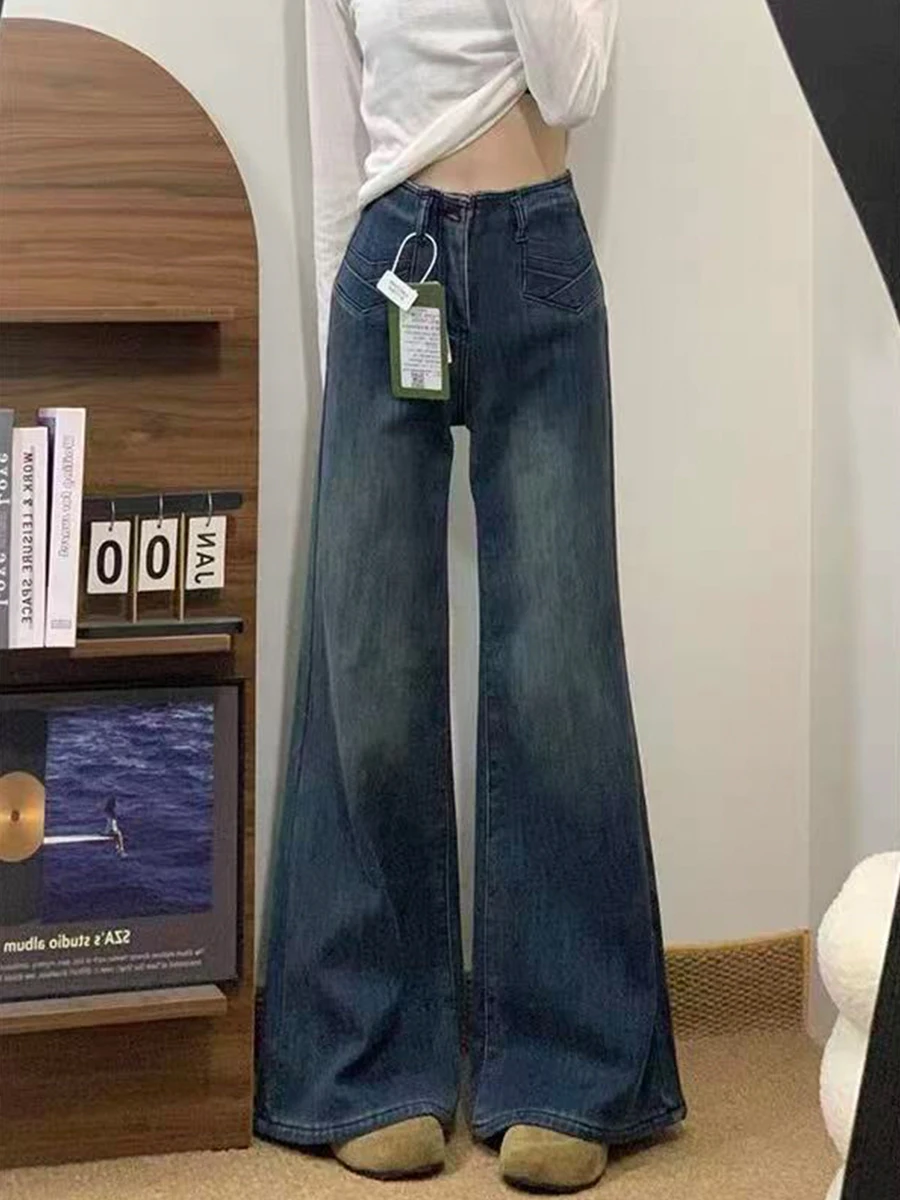 

Джинсы-колокольчики больших размеров с высокой талией, женские свободные джинсы, повседневные хлопковые эластичные джинсы синего цвета, грушевидный боди, весна-осень