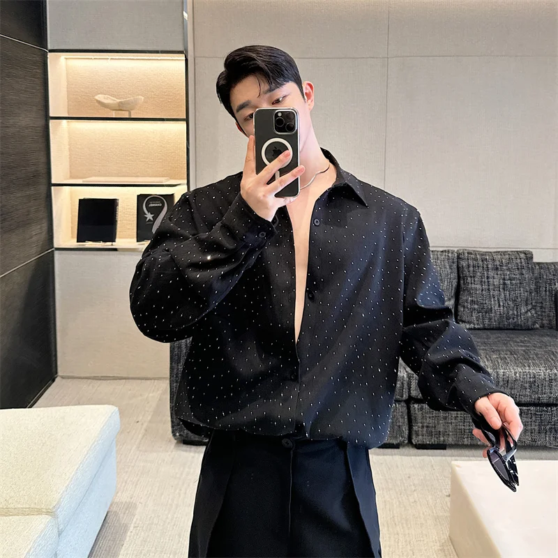 

SYUHGFA Korean New Chic Men's Wear Long Sleeve Shirt Hot Drill Design Single Breasted Male Black Shirts Pocket 2024 Autumn