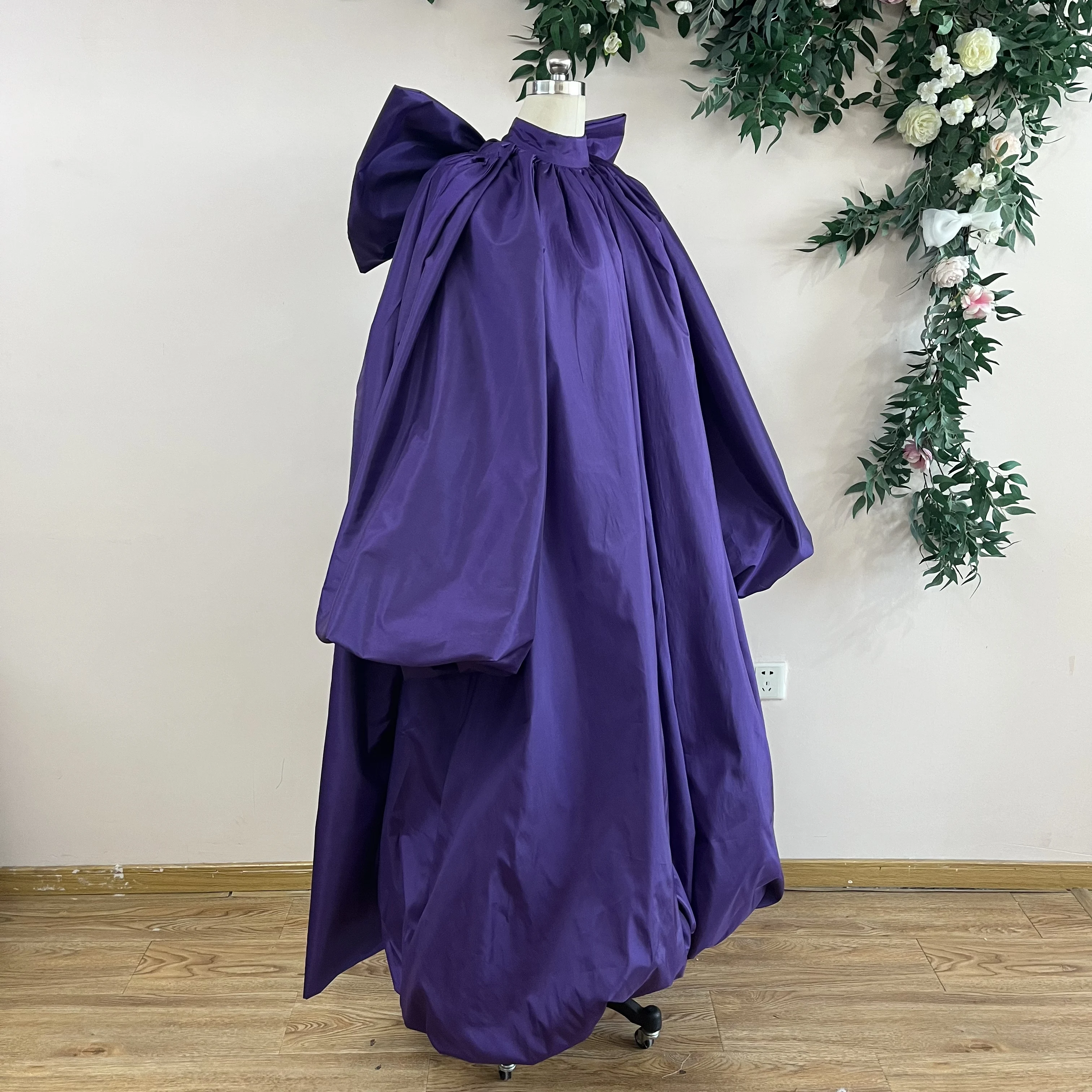 كيب زفاف من التفتا الأرجواني بأكمام طويلة، سترة منتفخة لحفلات الزفاف، معطف سهرة نسائي مع فيونكة خلفية أنيقة DJ519