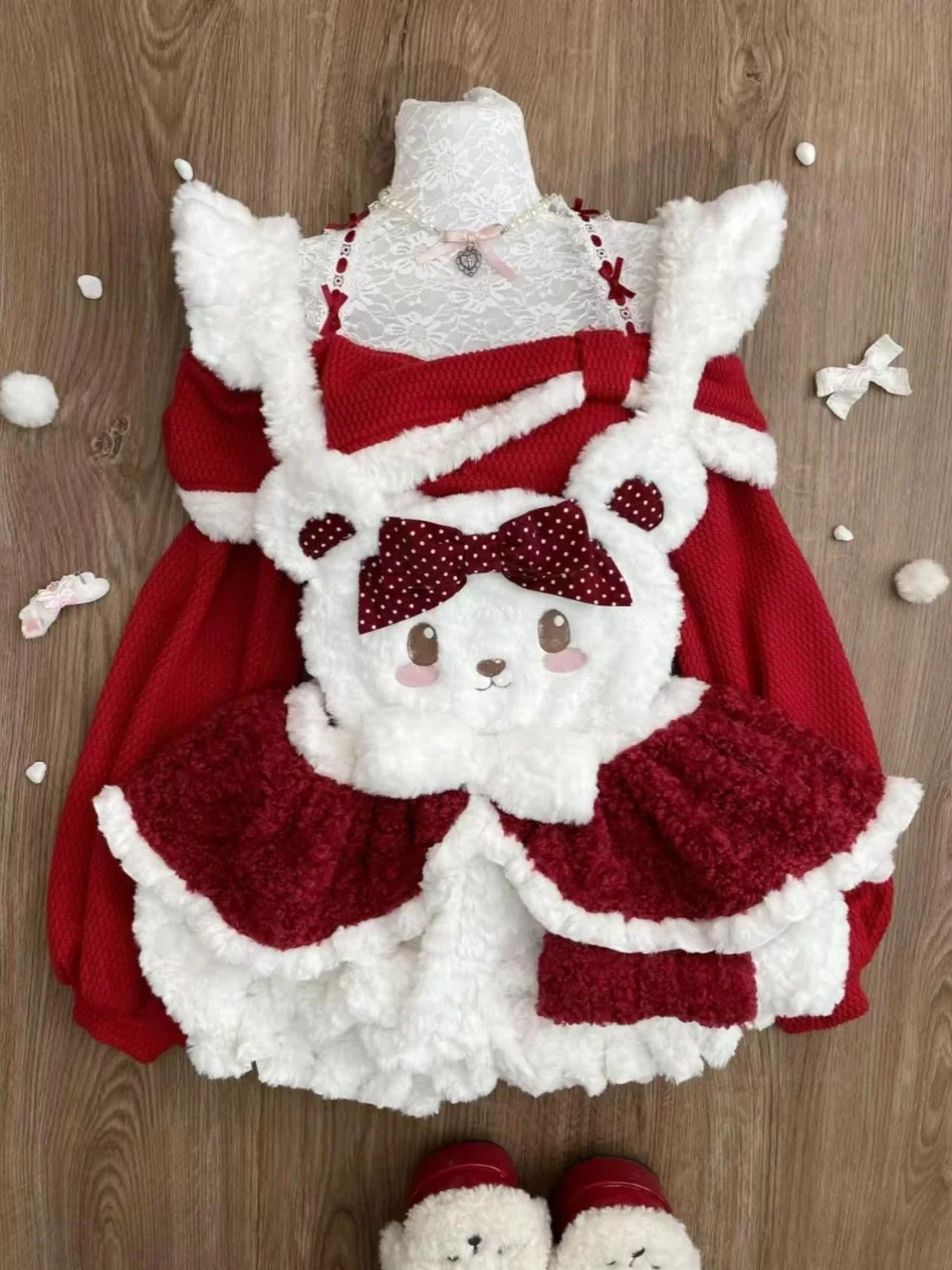 

Christmas Red One-Shoulder Sweater with Shawl Flying Sleeve Bear Overalls Three-Piece Set Warm Fashionable Winter Outfit