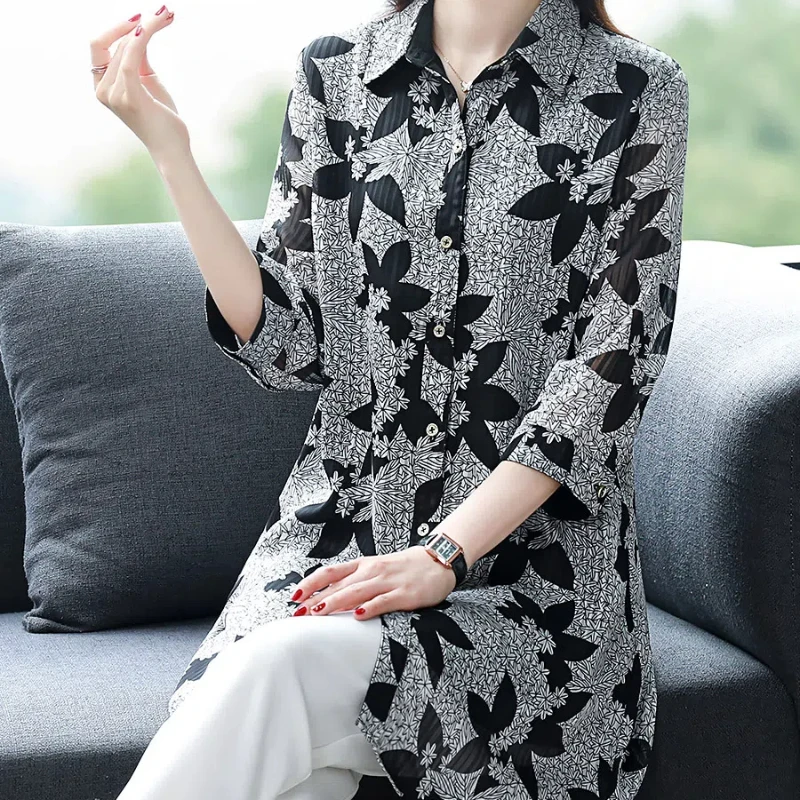 Temperament Spring Women\'s Polo-Neck Printing Single Breasted Fashion Elegant Loose Long Sleeve Mid-length Chiffon Shirt Tops