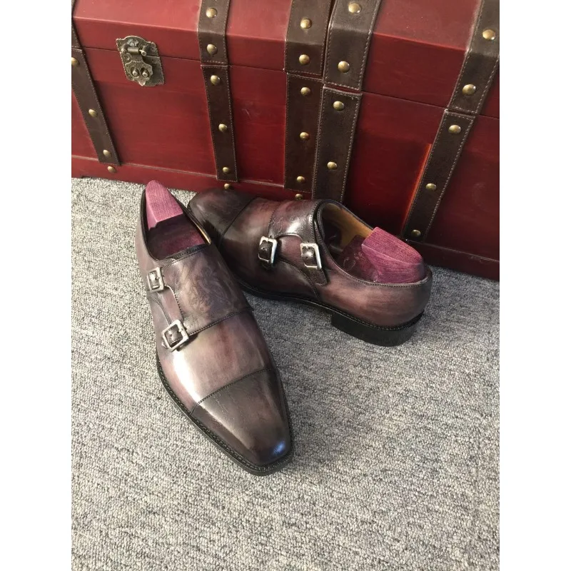 

Mens Carved Leather Monk Strap Shoes Double Buckle Gradient Grey Breathable Business Shoes Wedding Shoes