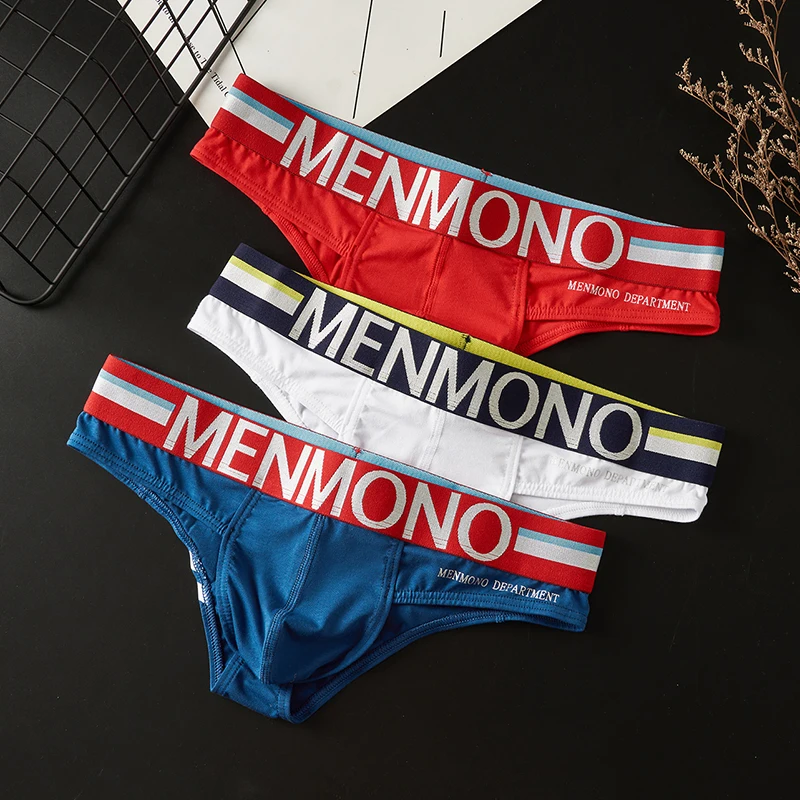 Menccino ropa interior de moda para hombres de algodón de cintura baja ajustada u convexa sexy bikini calzoncillos impresos ropa interior para