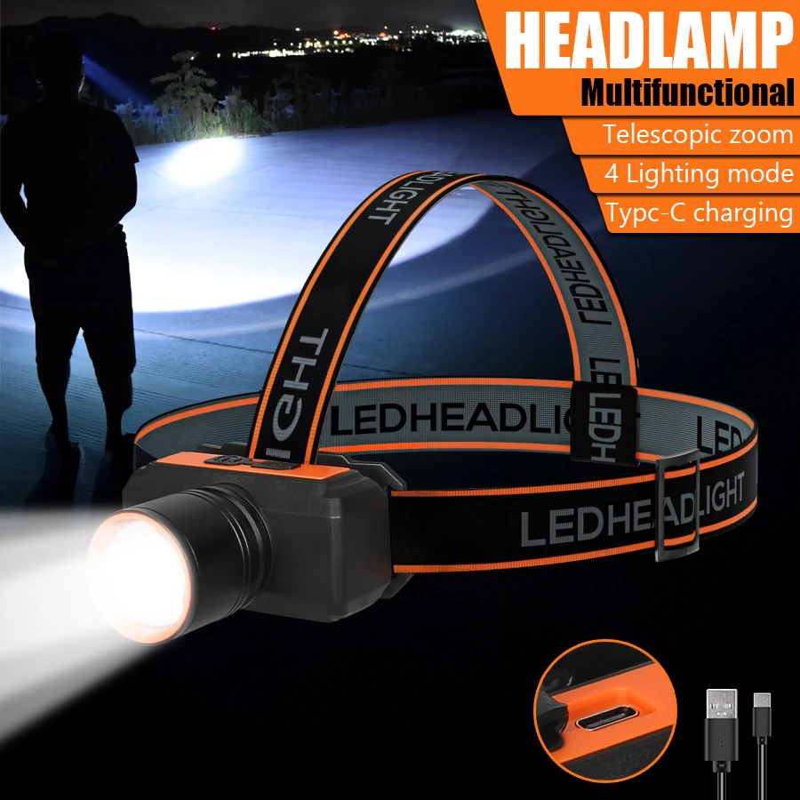 LED Strong Light Head Lamp TYPE-C Rechargeable Zoom Outdoor Fishing Head Mounted Headlight Waterproof Night Fishing Flashlight