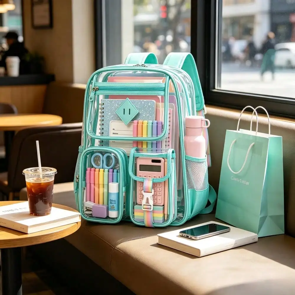 Back To School Heavy R Backpack, Multi-Pocket See-Through Transparent Student Bookbag, Stadium Approved Aesthetic School Backpack