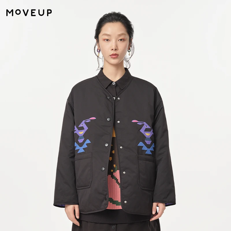 

MOVEUP Long Sleeved V-Neck Jacket Autumn Symmetrical Bird Embroidered Pocket Fashionable Minimalist Jacket For Women 324320901