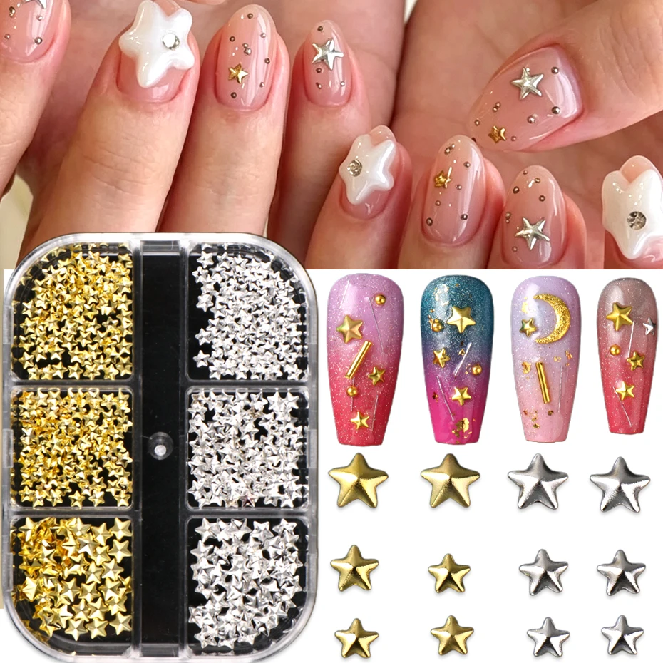 6 Grids Golden Silvery Mini Star Nail Charms Y2K Metal Golden Five-Pointed Star Solid Nail Art Decoration Nail Accessories