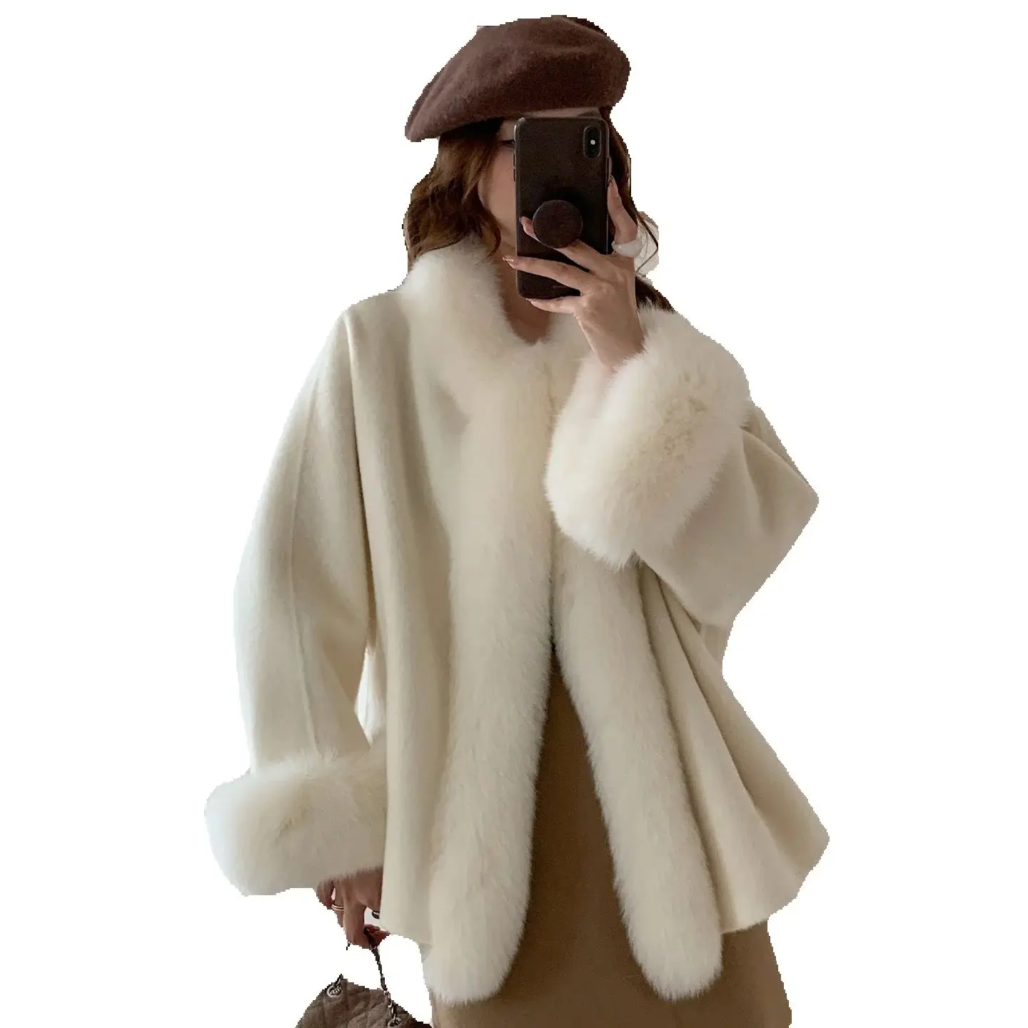 Keluli long-sleeved version autumn and winter new cape fox fur short double-sided woolen cashmere coat, woolen jacket for women