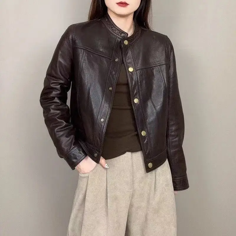 

Retro Motorcycle Short Jacket for Women, 2025 Spring and Autumn Design, Round Neck Fashionable Short Leather Jacket