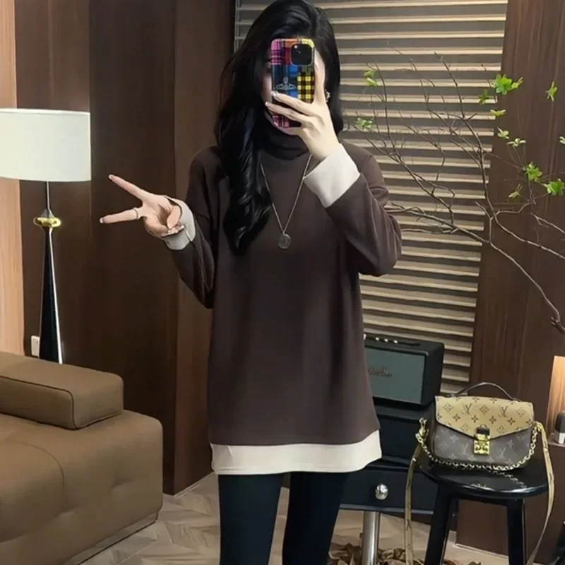 

Women's T-shirt Casual Style Long Sleeve Color Block Base Layer Shirt Thickened Double-sided Velvet Loose Fit High Neck