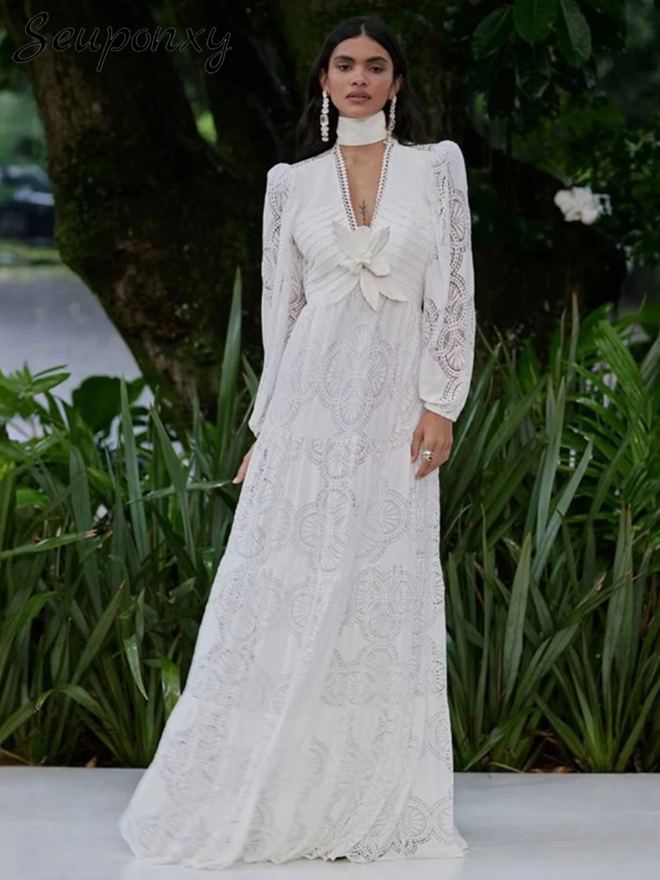 

Женское пикантное платье высокого качества с V-образным вырезом и рукавами-фонариками, с 3D цветочной вышивкой, с вырезами, элегантное праздничное платье, 2024