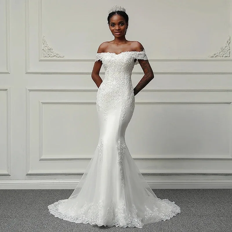 

Customized South Africa Mermaid Wedding Dresses Tulle Appliques Lace Up Court Train Bridal Gowns Formal robe mariage