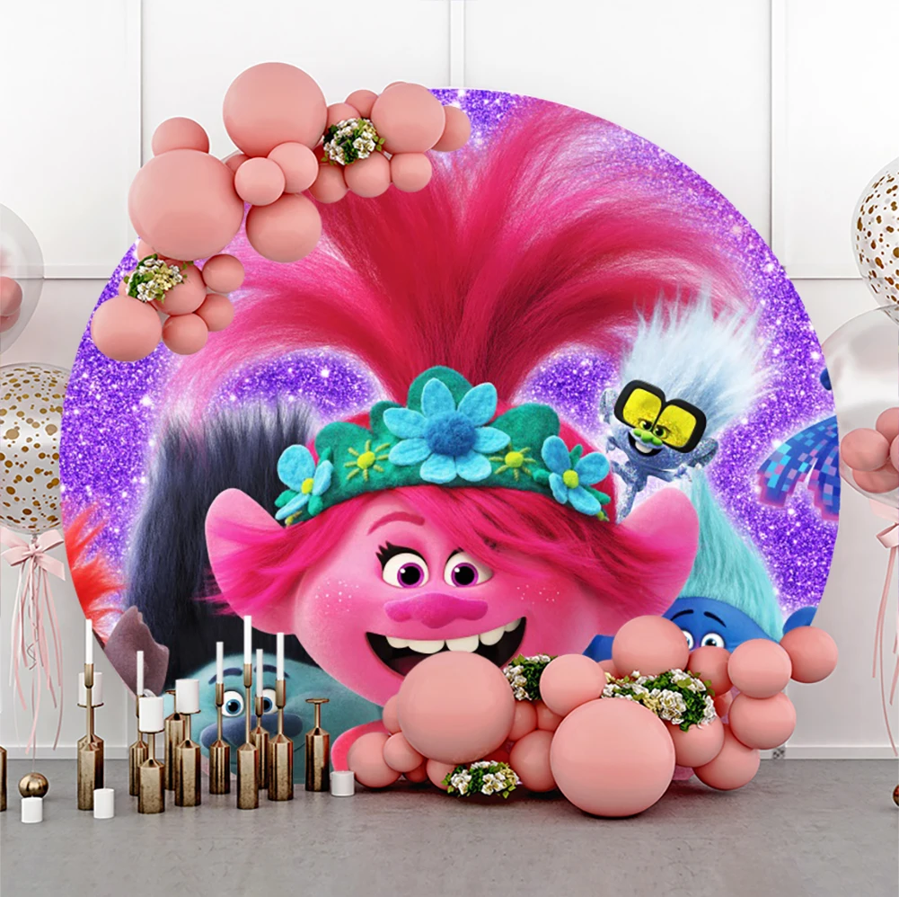 Hasbro Trolls Baby Shower Poppy Round Circle Photo Backdrop Background Photography Birthday Party Supplies Props Banner Poster