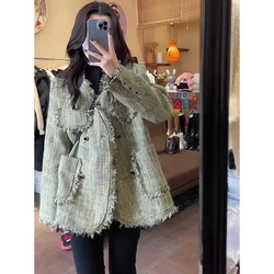 MEXZT Vintage Tweed Jackets Women Korean Tassel Patchwork Thick Warm Coats Elegant Loose Casual All Match Chic Outerwear Tops