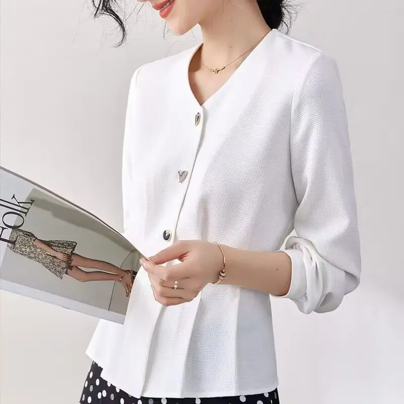 Office Lady Solid Color Pleated Waist Blouse 2023 Spring Chic Heart-shaped Single-breasted Female Clothing Elegant V-Neck Shirt