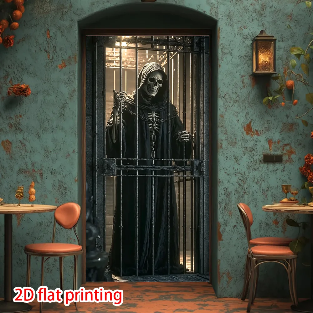 2D-Dekorationsbanner – Dekorationsbanner im gotischen Stil „Reaper of the Dead“, 2D-Flachdruck mit Totenkopf- und Käfigdekoration – Detail 1