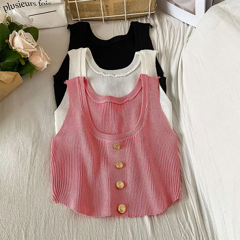 Pearl Diary Summer Thin Golden Single-Breasted Top Women Pure Colour All-Match Sexy Vest U-Neck Short Sleeveless Knitting Top