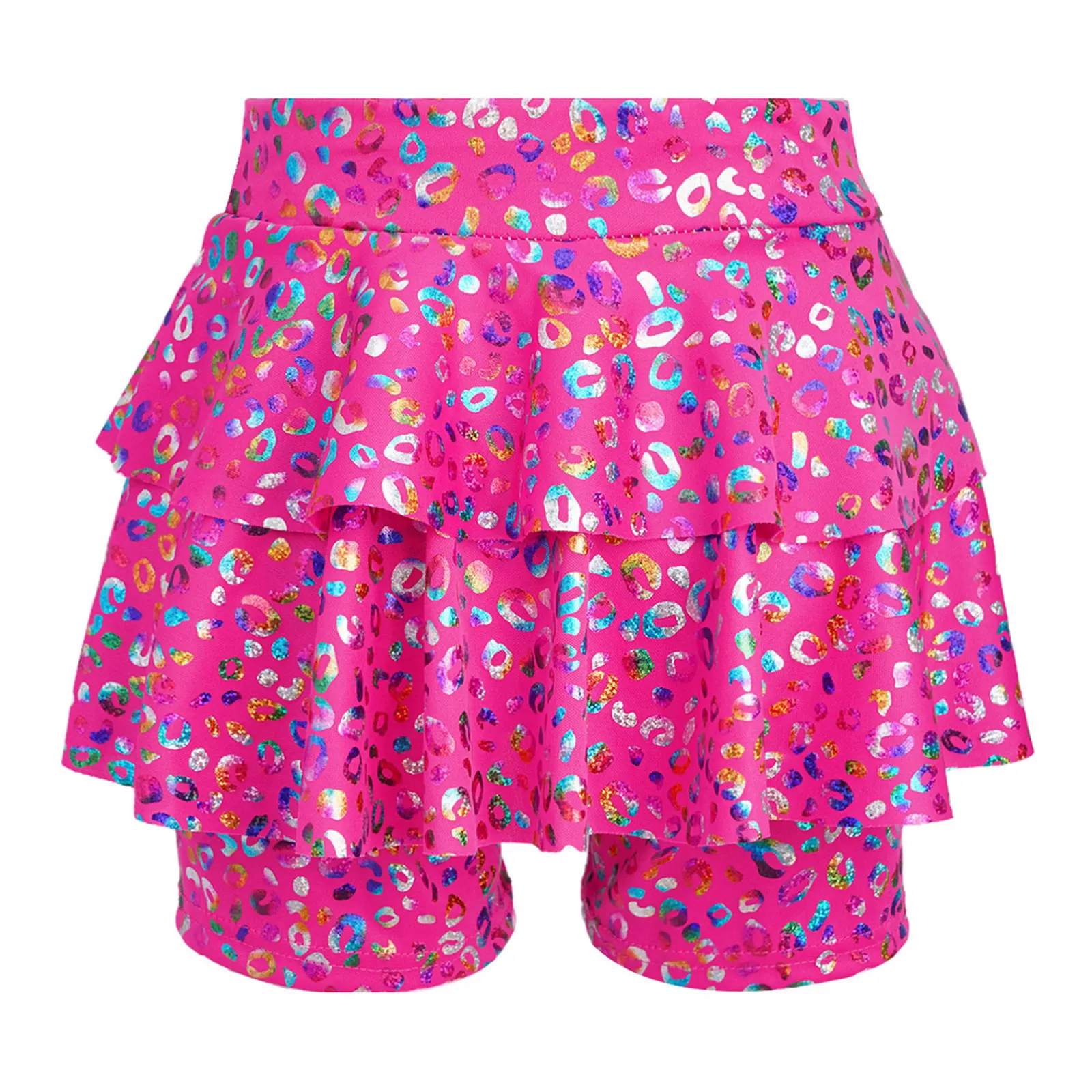 キッズガールズジャズダンススカートキュロットファッションメタリックヒョウ柄ハイウエストスカート付きショーツチアリーディングバレエスカート