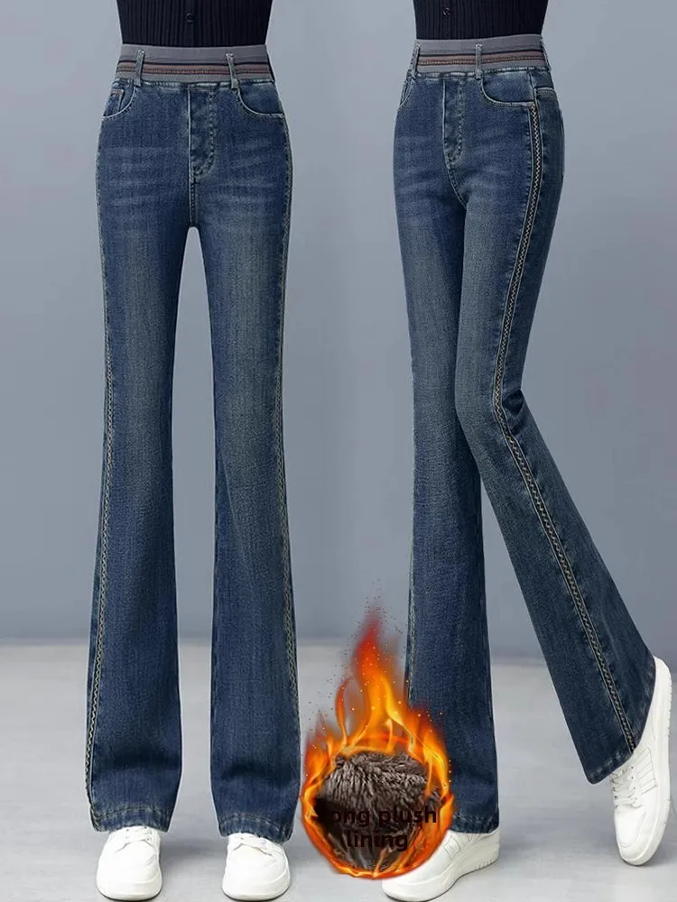 

Джинсы-клеш с высокой талией для женщин, облегающие, с эластичным поясом, больших размеров, стрейчевые, длинные брюки из хлопкового стрейч-денима, зимние джинсы