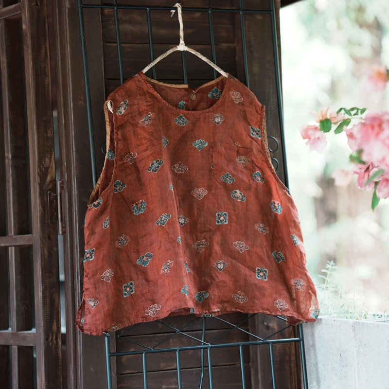 100% Ramie Women Casual Tank Tops New 2026 Summer Vintage Style O-neck Floral Print Loose Female Sleeveless Vests M2884