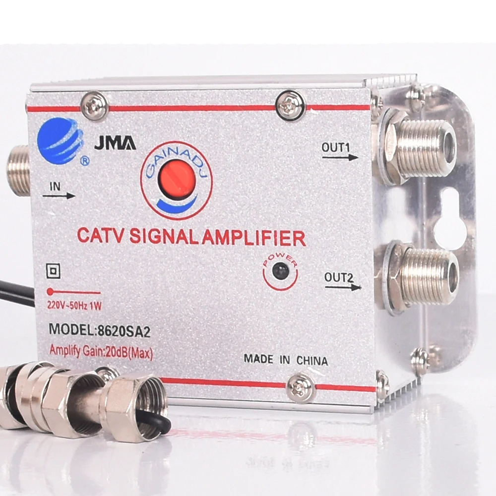 

Digital TV Signal Booster Amplifier 1 in 2 DTMB Terrestrial Wave Cable 20dB 8620SA2 One Input Two Output Gain 20DB EU Plug 220V