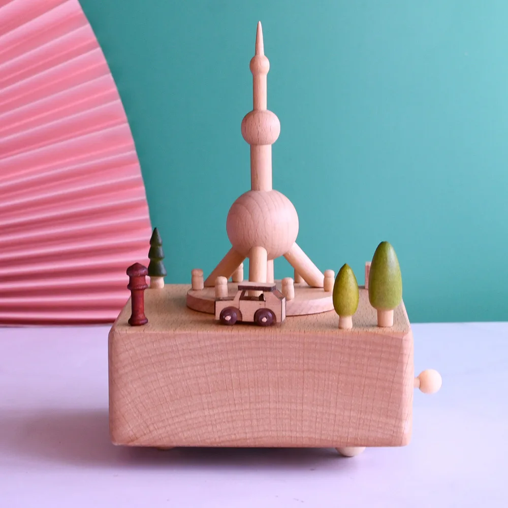 Wooden Music Box, Rotatable and Movable Healing Music Box Ornament,Shanghai Oriental Pearl Tower Souvenir,holiday Birthday Gift