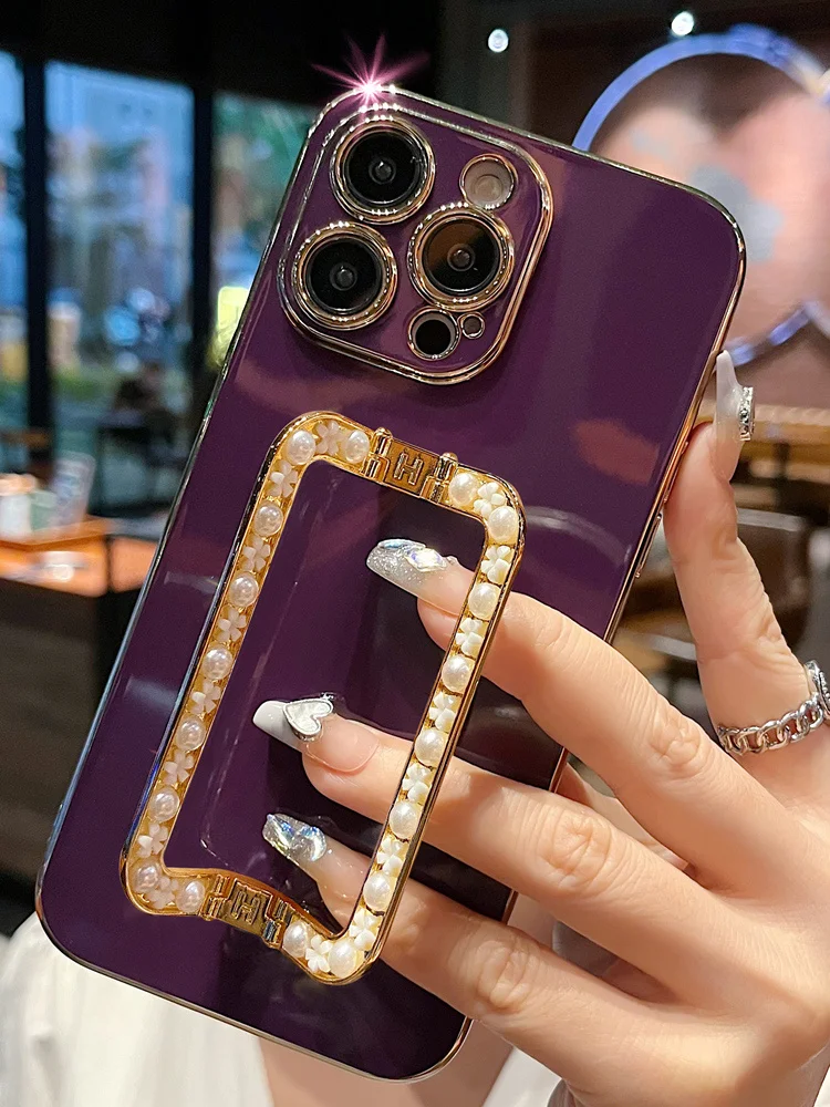 Mới Cho iPhone 14 13 12 11 Pro Max X Xs XR 7 8 Plus SE2020 Điện Thoại Ốp Lưng Sang Trọng 3D Ngọc Trai Vuông Giá Đỡ Mạ Vàng Da