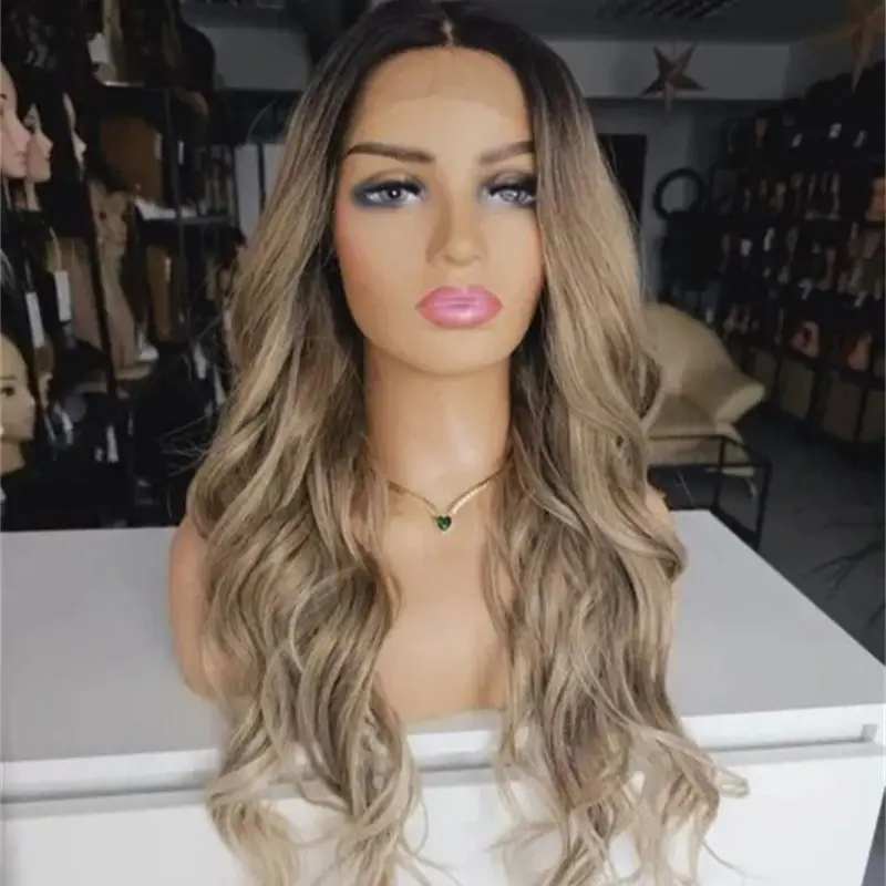 

Glueless Ombre Ash Brown Blonde Balayage Lace Front Wig For Women Party Cosplay Daily Use Middle Part Synthetic Body Wave Wig