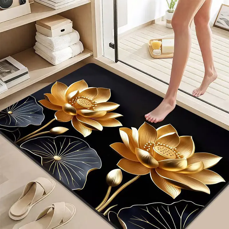 Glossy Petal & Gold Vein Design Floor Mat Heat Resistant Foldable Edge Sealed Ideal for Decorative Zones