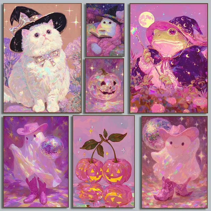 

Frameless,Classic Fantasy Halloween Pet Frog Sparkling Pumpkin Disco Cute Ghost Diamond Painting Wall Art Pictures Home Decor