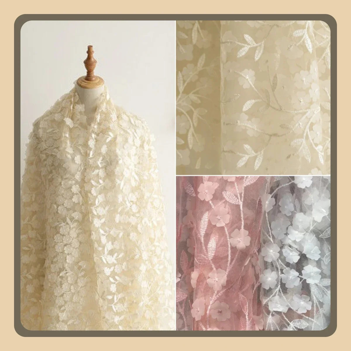 Tessuto a rete in pizzo chiffon ricamato tridimensionale di fascia alta per abiti Hanfu, abbigliamento, materiale per cucire fai da te fatto a mano