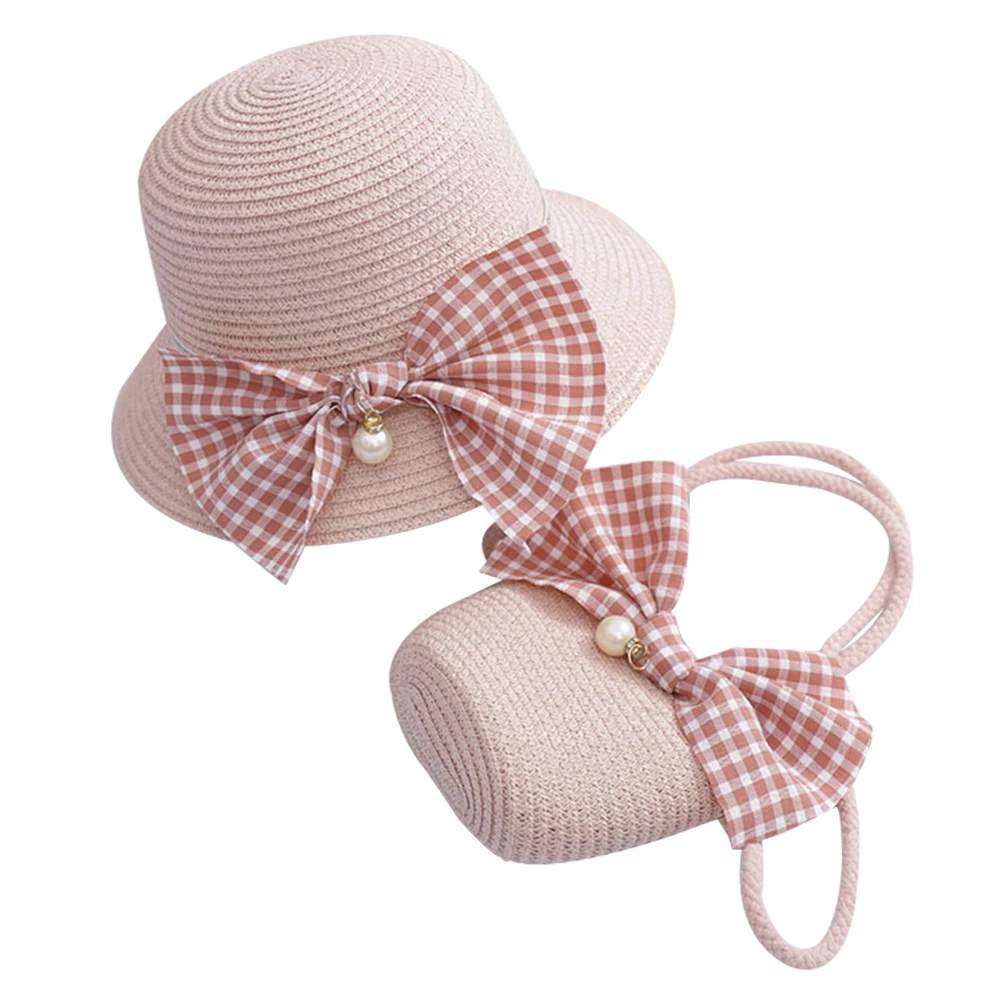 

1 Set Beautiful Beach Straw Hat with Attractive Small Bag Portable Beach Hat Stylish Design (Pink)