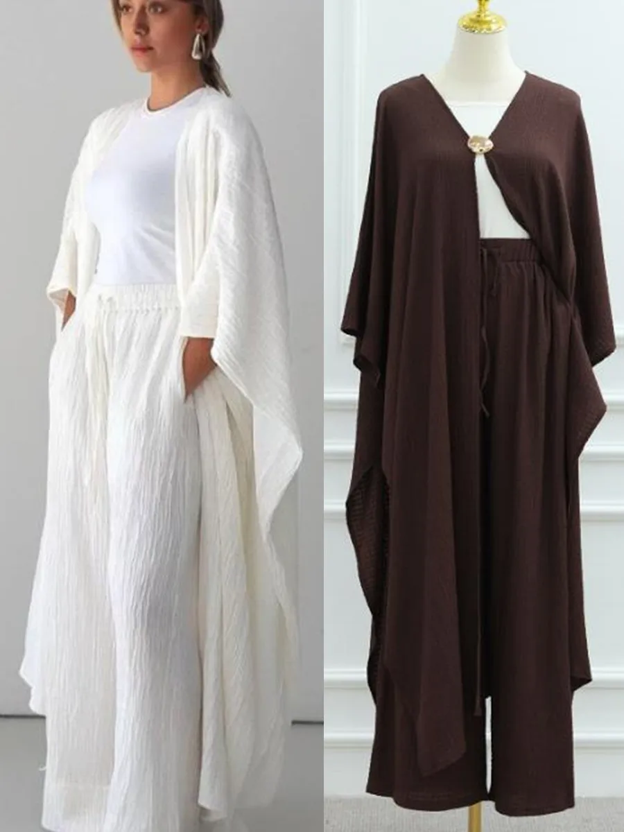 

Muslim Women Arabic Türkiye Dubai Abaya Solid Fold Cardigan Pants Two Piece Set Modest Ramadan Robe Femme Islam Clothing Set