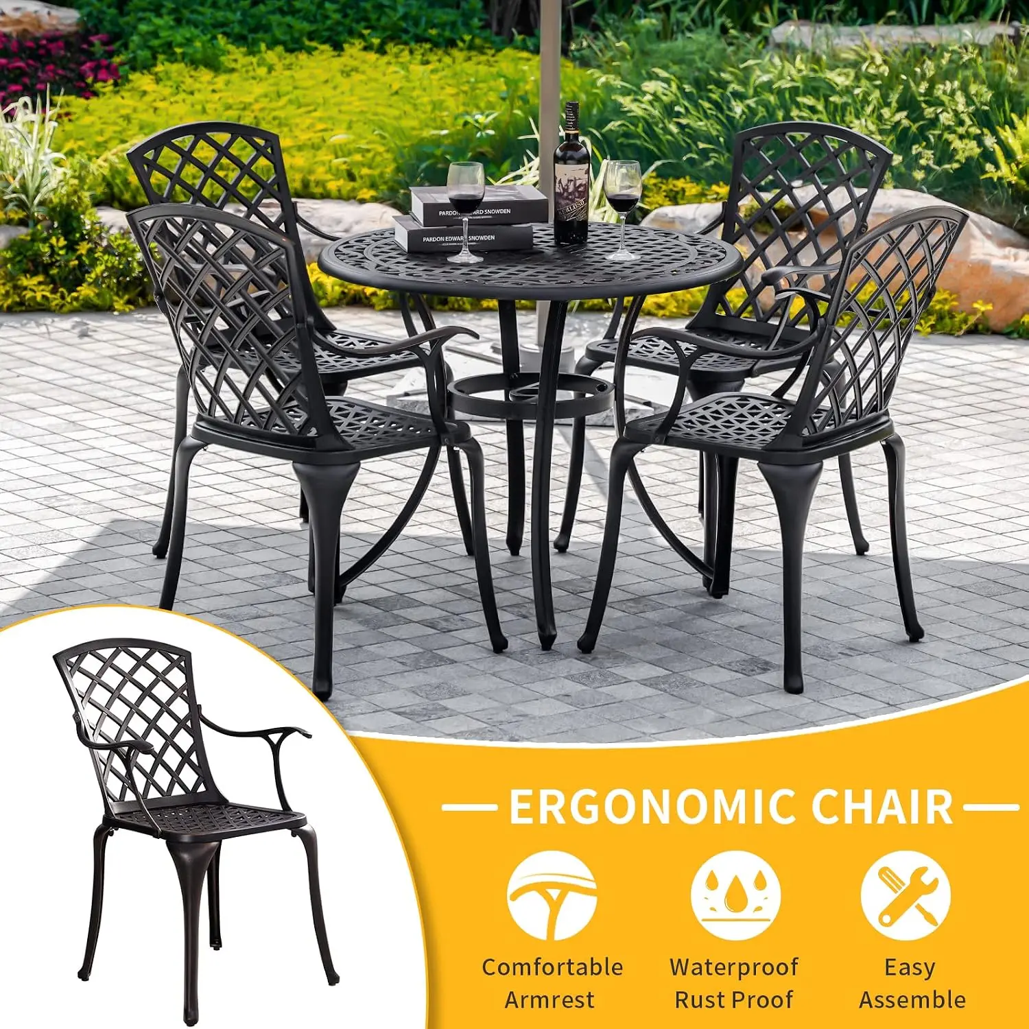 5-Piece Outdoor Bistro Dining Set, Anti-Rust Cast Aluminum Patio Table & 4 Chairs with Umbrella Hole for Garden Deck, Customized