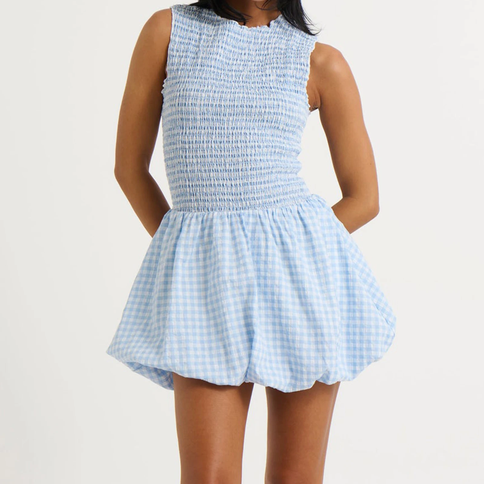 Nowa moda damska sukienka w kratkę w kratkę, marszczona, wokół szyi, bez rękawów, Mini sukienka bąbelkowa na codzienną imprezę klubową S-XL
