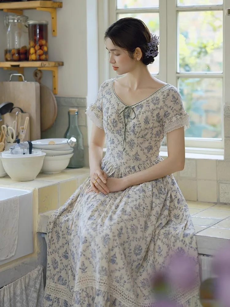 

84-96cm Bust Summer Maxi Dresses For Women Vintage Country Style Floral Dress Sexy Elegant Slim V-Neck 100%Cotton Long Dress