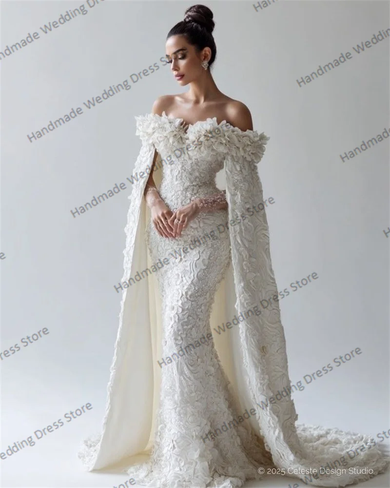 

Luxury Wrap Cape Wedding Dress Sexy Off Shoulder Floral Lace Mermaid Bridal Evening Gown Customized Beach Garden Long Robe