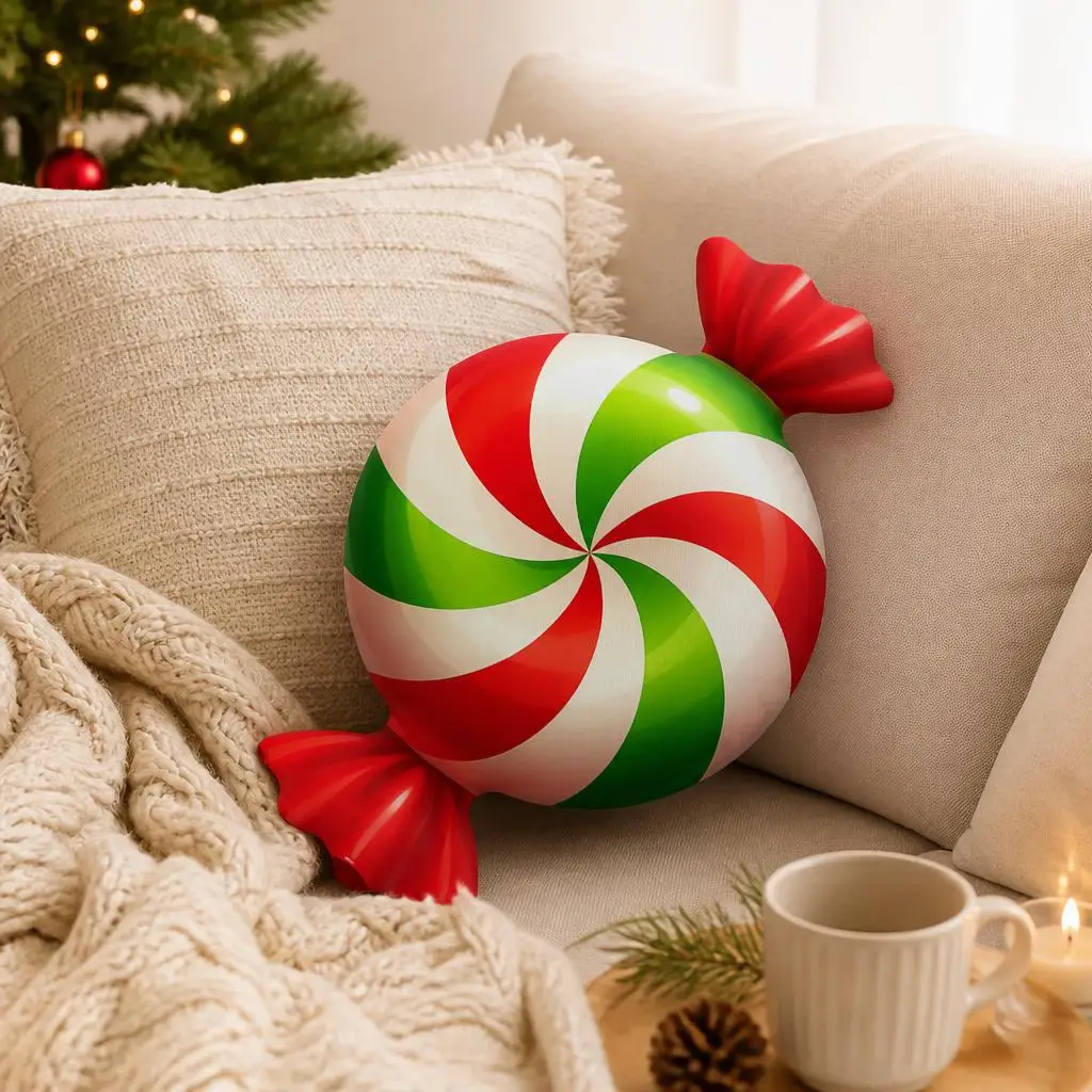 Christmas Peppermint Candy Shaped Stuffed Throw Pillow Red Green Swirl Cushion Holiday Decor for Sofa and Living Room
