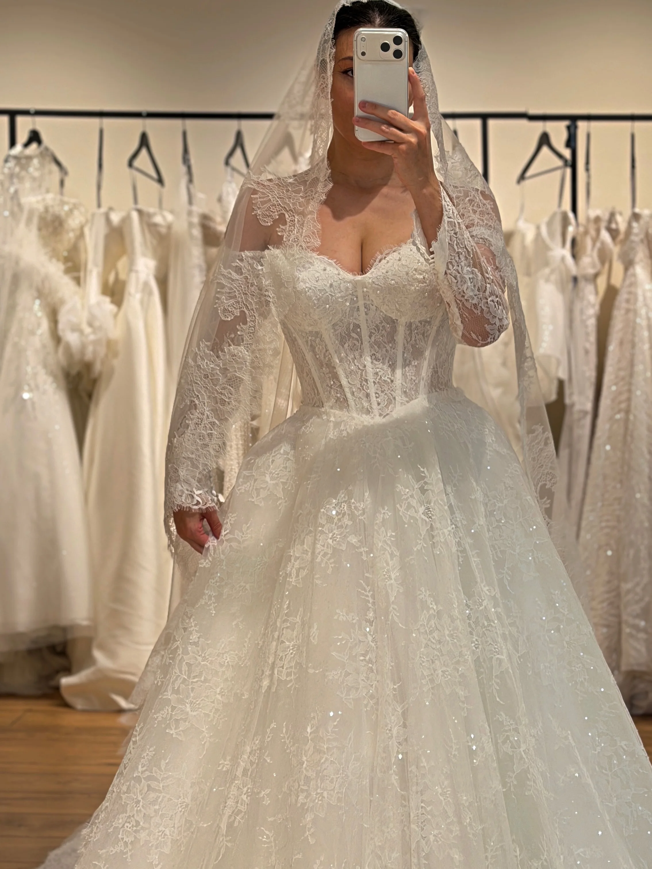 Customized Sweetheart Long Sleeve Lace Ball Dress Wedding Dress Tight corset Shining sheer Party Dress Church Train Bride Dress