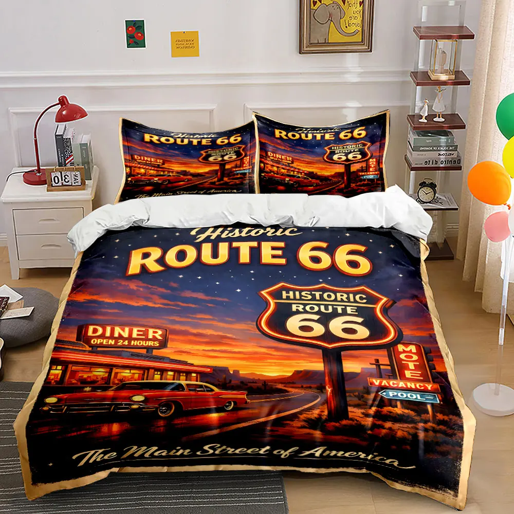 

Nostalgic Night on Route 66 Pattern Duvet Cover Set Digital Print Colorful Polyester Bedding with Zipper Closur for kids gifts