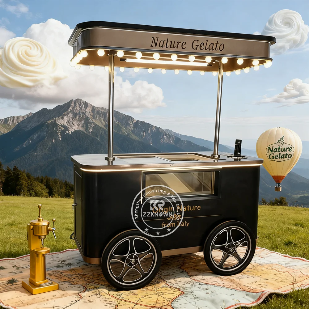 

Ice Cream Trolley Cart Mobile Food Cart with LED Lights Ice Cream Freezer Cabinet Food Cart Street Food Kiosk