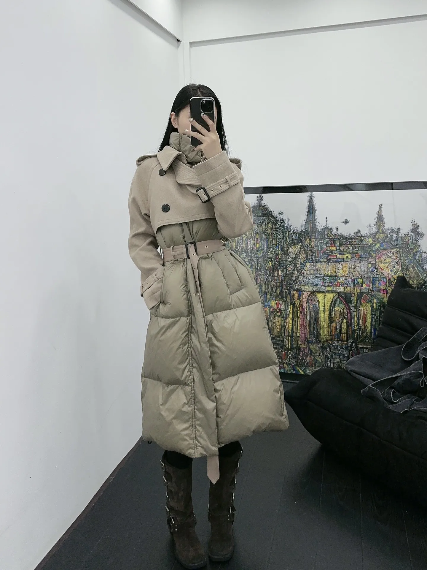 

2025 Women's Clothing Wool paneled long down jacket Winter New 1109